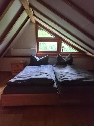 two beds in a attic room with a window at Idylissches Ferienhäusle im Thüringer Wald in Suhl
