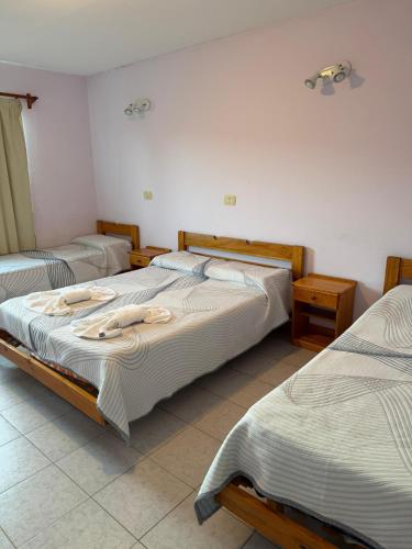 two twin beds in a room with at Hotel Hielo Azul 1 in El Bolsón