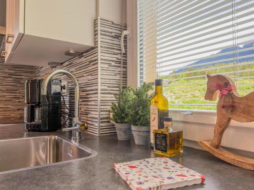 a kitchen counter with a bottle of wine and a wooden horse statue at Villa Alpenrose in Kötschach