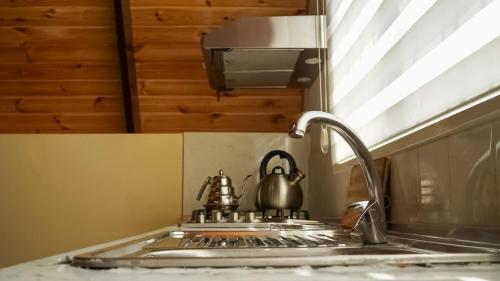a kitchen with a sink with a kettle on the stove at Ismayilli in İsmayıllı