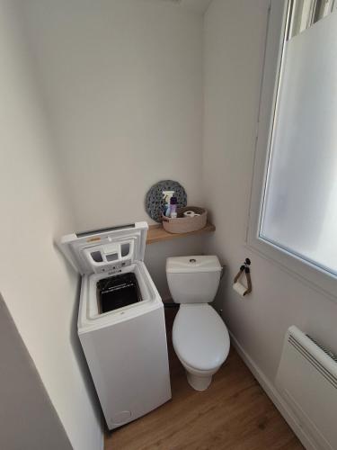 a small bathroom with a toilet and a sink at Le cocon en ville in Limoux