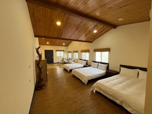 two beds in a room with wooden ceilings at 上好所在民宿 in Shoufeng