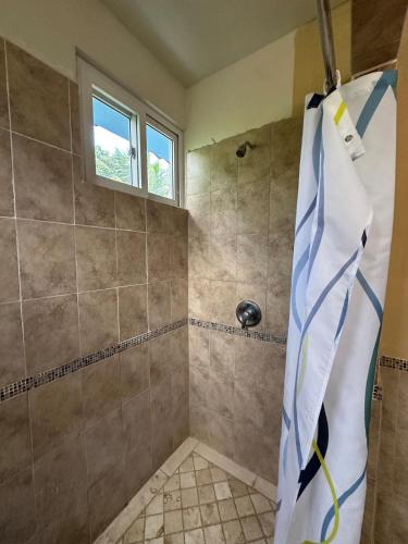 a bathroom with a shower with a shower curtain at Casa Puerto in El Garitón