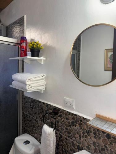 a bathroom with a mirror and a white toilet at Casa de Helen in Antiguo Cuscatlán