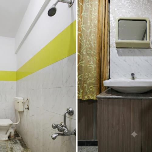 two pictures of a bathroom with a sink and a toilet at Sri Ganapathy Lodge in Coimbatore