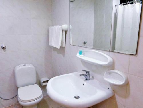 a bathroom with a sink and a toilet and a mirror at Hotel Al Masa in Al Buraymī