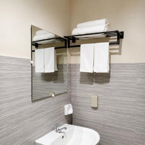 a bathroom with a sink and a mirror and towels at Block 23 - Dogwood in Bacolod
