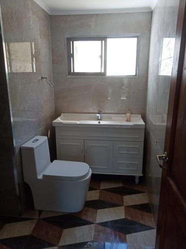 a bathroom with a toilet and a sink and a window at la casa del cerro in Casas de Batuco