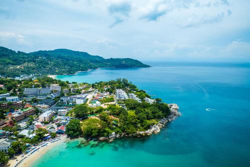 an aerial view of a tropical island in the ocean at Anthiya Seaview Villa Hotel Phuket in Kata Beach