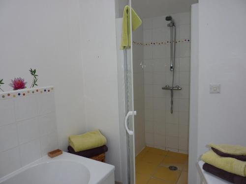 a bathroom with a shower and a toilet and a sink at La Parenthèse in La Couture