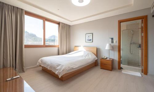 a bedroom with a bed and a shower in it at Elysian Gangchon Resort in Chuncheon