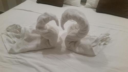 2 cygnes faits de serviettes sur un lit dans l'établissement Ninna Nanna, à Fondi