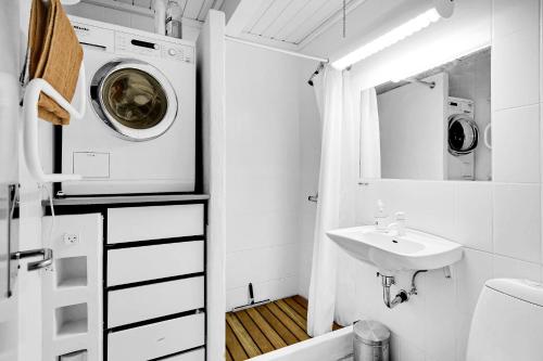 a bathroom with a washing machine and a sink at Lovely Beach Home Enveloped In Green Surroundings in Ebeltoft