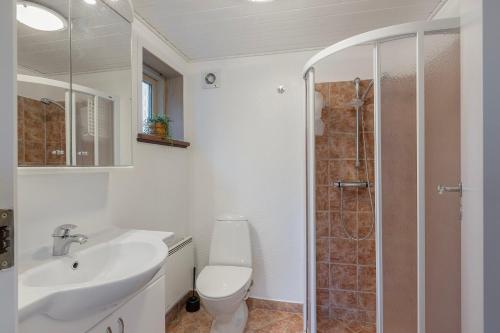 a bathroom with a toilet and a sink and a shower at Close To The Beach And Forest And Ebeltoft in Ebeltoft