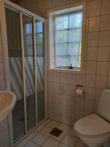 a bathroom with a shower and a toilet and a window at Charming Cottage Near The Beach in Neksø