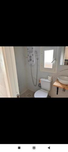 a bathroom with a toilet and a sink at chalecito con piscina y barbacoa in Benicarló