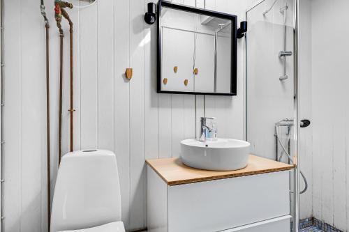 a bathroom with a sink and a toilet and a mirror at Family-Friendly Cottage Close To The Water in Nykøbing Sjælland