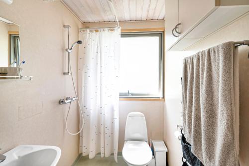 a bathroom with a shower and a toilet and a sink at Cottage In Peaceful Surroundings In Vester Sømark in Vester Sømarken