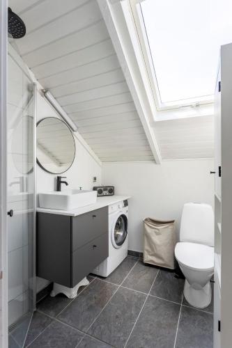 a bathroom with a sink and a washing machine at Idyllic Summer House Close To Beach And Forest in Tisvildeleje