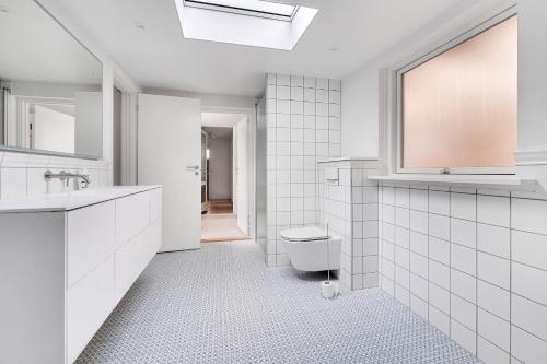 a white bathroom with a toilet and a sink at Amazing Holiday Home With View At The Water in Vig