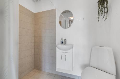 a bathroom with a toilet and a sink at Holiday Home With Outdoor Jacuzzi And Shelter in Vig