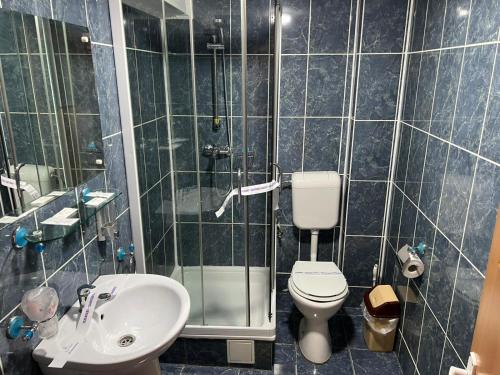 a bathroom with a shower and a toilet and a sink at Paradis in Buşteni