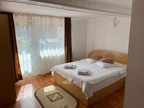 a bedroom with a bed and a large window at Paradis in Buşteni