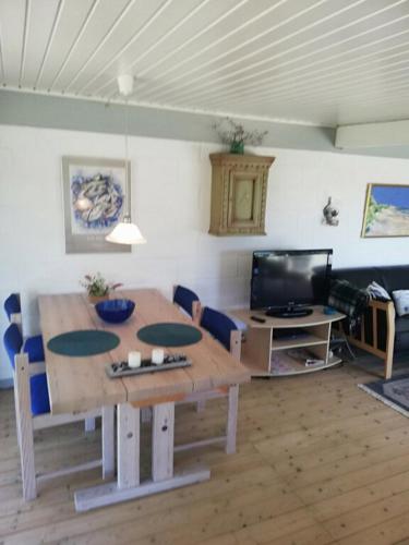 a living room with a wooden table and a television at Holiday Home On A Huge Nature Plot in Skagen