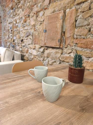 two coffee cups on a wooden table with a cactus at Logis Saint Martin in Colmar