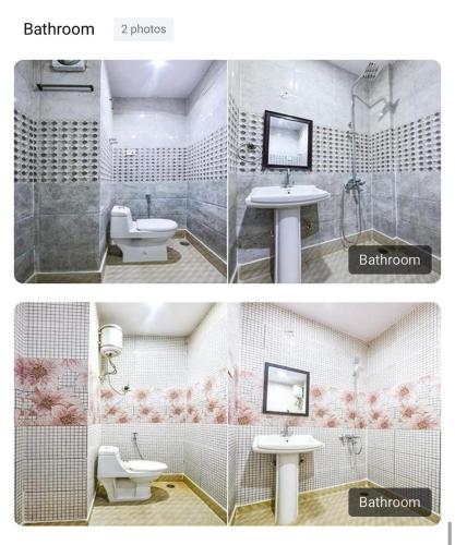 two pictures of a bathroom with a sink and a toilet at Hotel Black Stone Palace in Ghaziabad