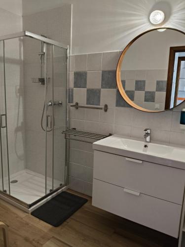a bathroom with a shower and a sink and a mirror at Appartamento Velocipede in Cervignano del Friuli