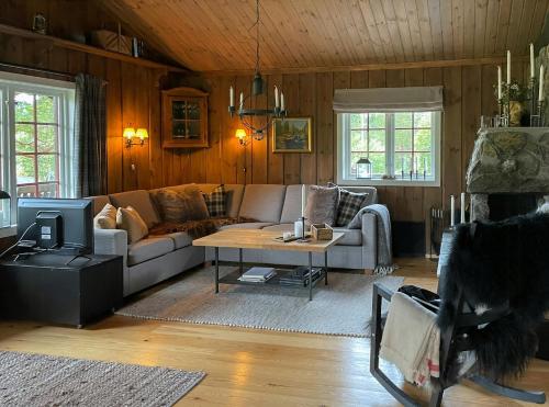 a living room with a couch and a table at Cabin With Rauland Mountain Views in Rauland