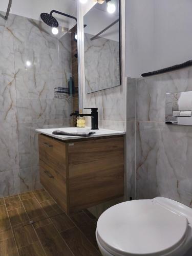 a bathroom with a toilet and a sink and a mirror at Lyra Apartment 2 in Sfântu-Gheorghe