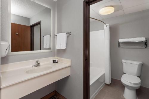 a bathroom with a sink and a toilet and a mirror at AmericInn by Wyndham Appleton North Little Chute in Appleton
