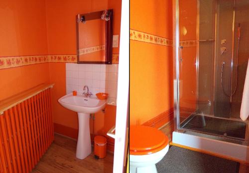 two pictures of a bathroom with a toilet and a sink at L'Hôtel du Mouton blanc in Fresne-Saint-Mamès