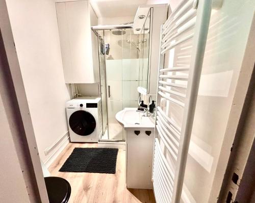 a small bathroom with a sink and a washing machine at Studio de vacances Stella Plage in Cucq