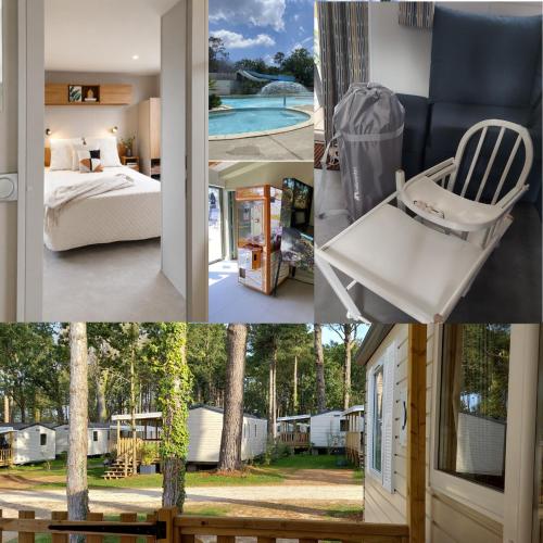 a collage of pictures of a bedroom and a bed at MysavinaHouse mobilhome 4 à 6 pers camping 4 Etoiles in Piriac-sur-Mer