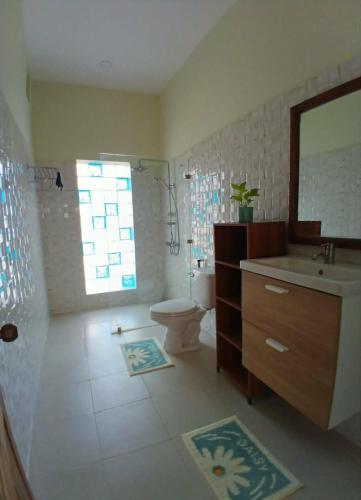 a bathroom with a sink and a toilet and a mirror at Half Way Villa in Luang Prabang