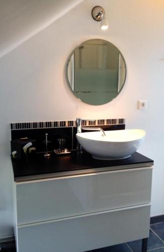 a bathroom with a sink and a mirror on a counter at Gîte G4122 in Quincampoix