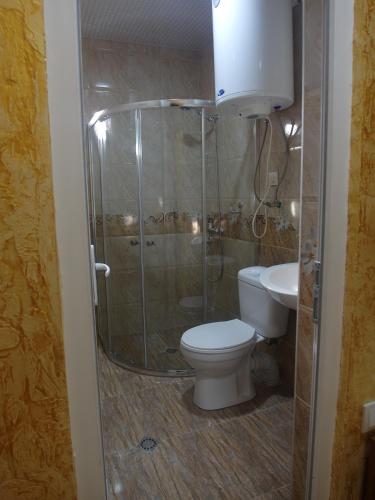 a bathroom with a shower and a toilet and a sink at Mestia 4 season in Mestia