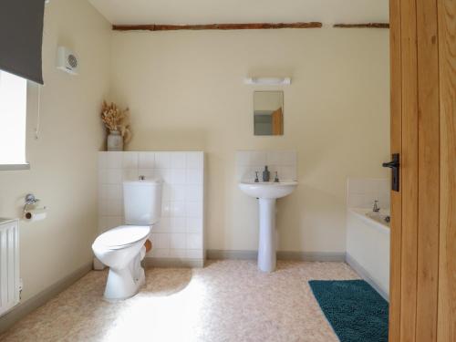 a bathroom with a toilet and a sink at Upper Pandy Farm in Welshpool