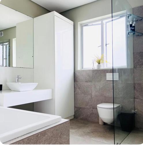 a bathroom with a sink and a toilet and a window at Premier Residence in Windermere in Durban