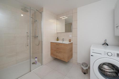 a bathroom with a washing machine and a shower at La belle étoile - 4 pers - balcon in Vannes
