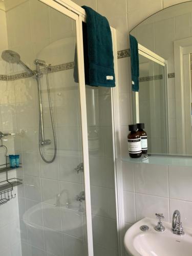 a bathroom with a shower and a sink and a mirror at Hillside Cottage Berrima in Berrima