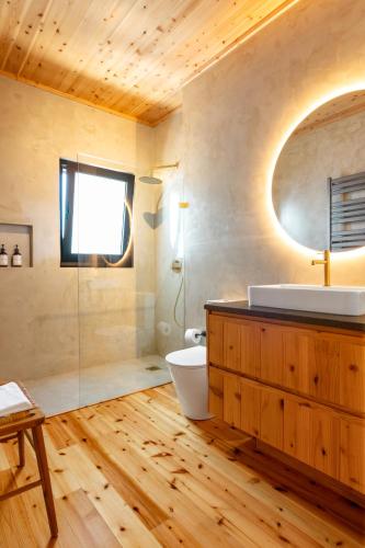 a bathroom with a sink and a toilet and a mirror at Casa da Faia in São Roque do Pico