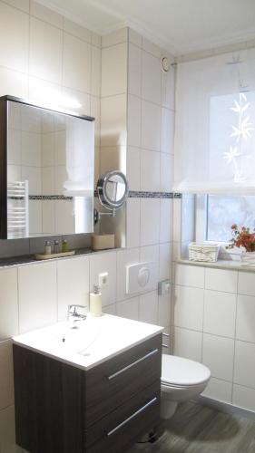 a bathroom with a sink and a toilet and a mirror at Ferienwohnungen Villa Waldblick in Zempin
