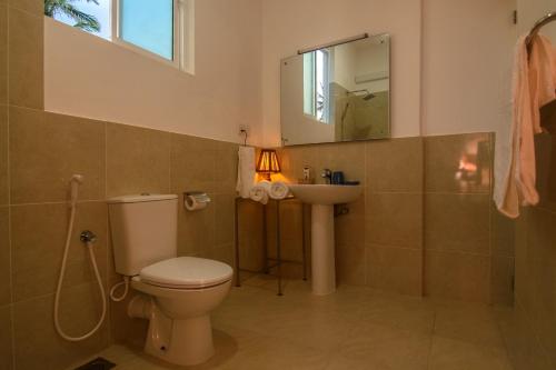 La salle de bains est pourvue de toilettes, d'un lavabo et d'un miroir. dans l'établissement Savenrose Beach Villa, à Matara