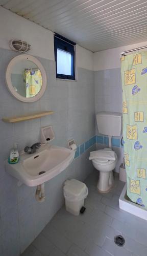 a bathroom with a sink and a toilet and a mirror at Marika Apartments in Mastihari