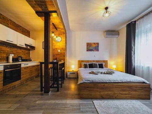 a kitchen and a bedroom with a bed in a room at Ben Apartments Near City Center in Sibiu