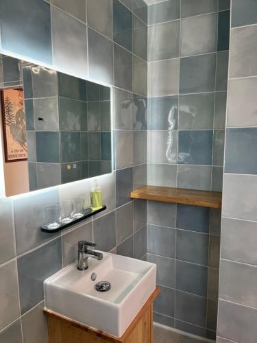 a bathroom with a sink and a mirror at Les Rochers in Saint-Savin